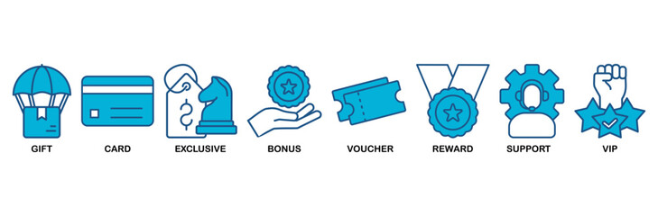 Loyalty program icon set vector illustration concept with icon of gift, card, exclusive, bonus, voucher, reward, support, vip