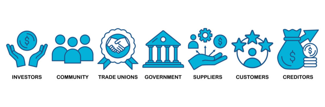 Stakeholder relationship icon set vector illustration concept for stakeholder, investor, government, and creditors with icon of community, trade unions, suppliers, and customers