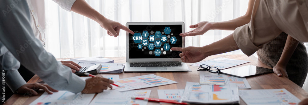 Aufkleber Customer relationship management system on brisk computer for CRM business and enterprise