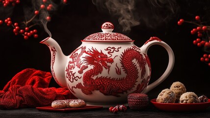steaming porcelain teapot with red dragon design and traditional pastries on festive dark background