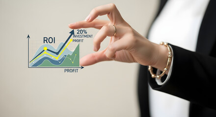 Woman holding roi and profit chart with fingers showing investment growth concept isolated on white background, tarensparent background, png, jpg,jpeg,  on transparent background
