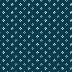 Small white flowers pattern doodle shapes motif continuous blue background. Modern floral fabric design textile swatch ladies dress, men's shirt all over print block.