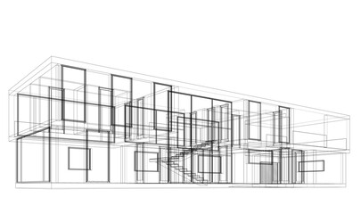 Modern house building architectural drawing 3d rendering