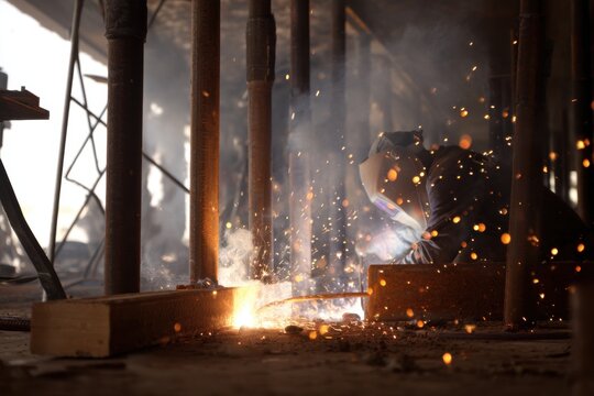 High-Detail Action Shot of Welding Steel Support Columns with Visible Sparks