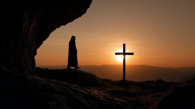 Golden sunrise illuminating mountain landscape, lone monk silhouetted near cave entrance, contemplating religious cross on distant peak, embodying spiritual reflection and profound faith