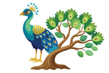 Obraz premium Peacock Bird on Tree Vector Illustration, Elegant Peacock Perched on Tree Vector Exotic Bird Art for Nature Wildlife