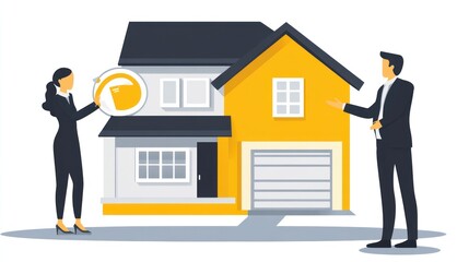 Fototapeta premium Cartoon house sale with two figures, showing a modern house for purchase or real estate