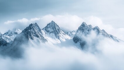 Obraz premium A panoramic view of snow-covered mountains, their peaks piercing through the clouds, creating an awe-inspiring landscape. High-contrast photography captures every detail in stunning clarity. Shot