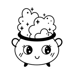 Сute witch potion cauldron isolated black and white doodle. Spooky Halloween object, hand drawn vector illustration in flat style