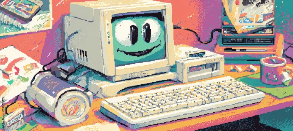 Poster 1990s cartoon computer setup with smiling crt monitor and keyboard in cel-shaded style