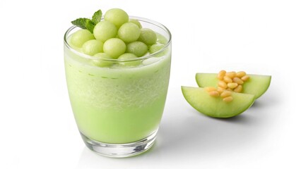 Refreshing honeydew melon smoothie with melon balls and mint garnish
