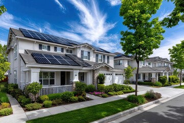 Modern suburban home with solar panels under a clear blue sky in a peaceful neighborhood