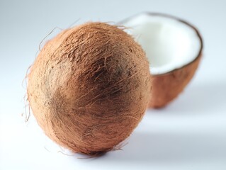 Close-up of a halved coconut showing white flesh and rough brown shell. Natural tropical fruit isolated on a neutral background with soft lighting