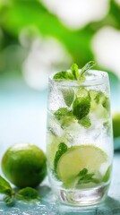 Refreshing mojito cocktail with lime, mint, and ice in a clear glass, set against a vibrant blue-green blur-perfect for summer and tropical themes