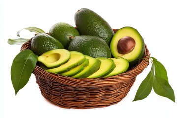 Fresh whole and halved avocados rest in a rustic wicker basket with green leaves, set against a clean white background-vibrant, natural, and healthy