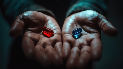 Two hands hold contrasting pills-a red capsule in one and a blue capsule in the other-symbolizing choice, duality, or moral dilemma against a dark, moody backdrop