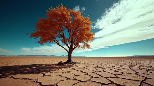 A lone tree in a dried-up lake bed, surrounded by cracked, barren earth under an intense blue sky, showing the effects of prolonged drought