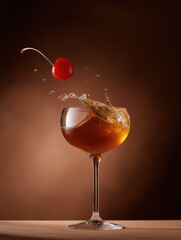 A ripe cherry splashes into a glass of whiskey, sending droplets flying in a dramatic burst. Vivid colors and liquid motion create a dynamic scene