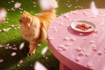 Fluffy orange cat on grass curiously eyes a plate of raw meat on a pink table scattered with flower petals-bright, whimsical springtime setting