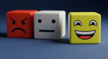 Three cubes displaying angry neutral and happy faces on a blue surface close up isolated on white background, tarensparent background, png, jpg,jpeg,  on transparent background