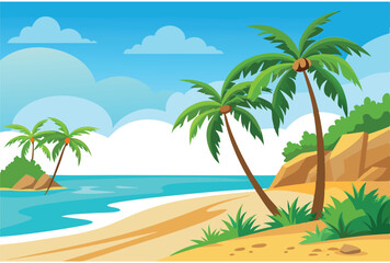 Obraz premium Tropical beach background with sand and palm trees vector art for summer design and vacation scenes