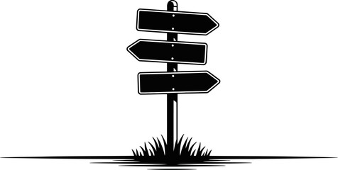 A black and white illustration of a directional sign with three arrows pointing out