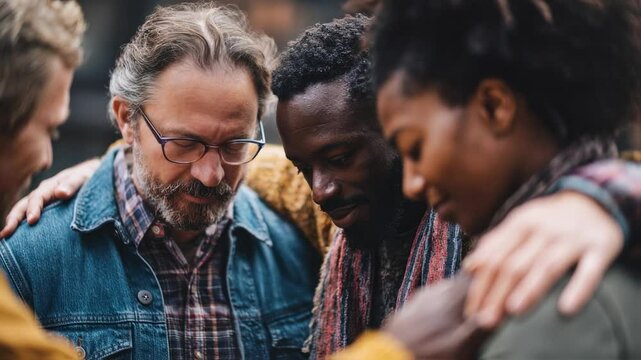 Multiethnic group forming supportive circle, holding hands and praying together, reflecting shared spiritual connection and community devotion