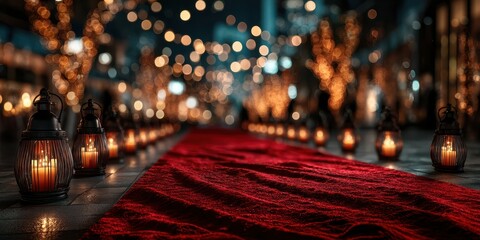 Elegant evening event with a red carpet and glowing lanterns under twinkling lights