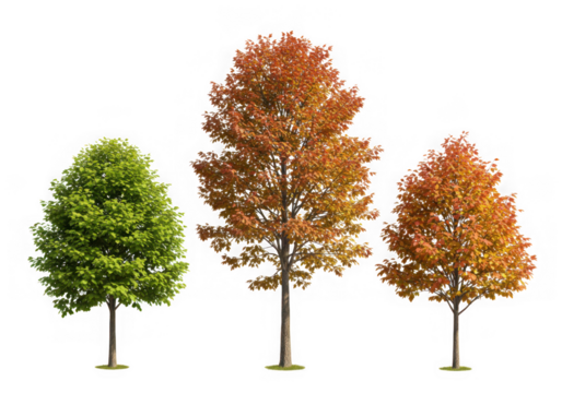 Three trees showing seasonal changes isolated on transparent background