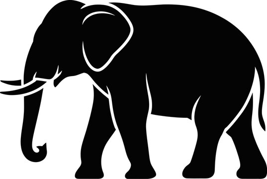 A black silhouette of an elephant standing against a plain white background view - Powered by Adobe