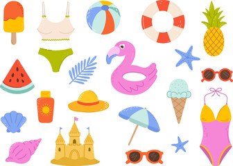 Summer set with swimwear, beach toys, fruit, seashells, sunglasses. Rest time, vacation. For summer decorations and travel themes