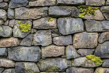 Fototapeta premium Natural stone wall with moss accents showcasing texture and organic growth in a rustic setting