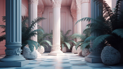 Elegant neoclassical interior with pink and blue columns and tropical plants in vaporwave aesthetic
