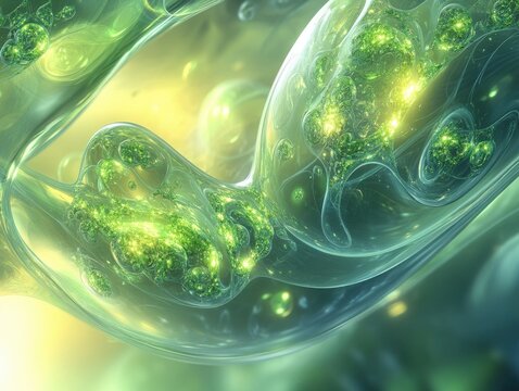 Abstract green organic shapes with glowing particles and fluid dynamics background art