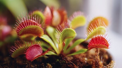 Dionaea muscipula: A close up studio image exotic Venus flytrap spiked green traps wide open natural light.