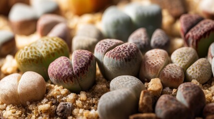 Lithops: A close view succulent plants mimicking stones South African desert sand soft light unique textures.