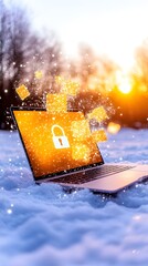 Secure Laptop Snow Sunset Data Protection