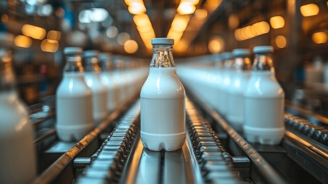 Freshly bottled milk shines on a conveyor, highlighting the dairy plant's efficient operations