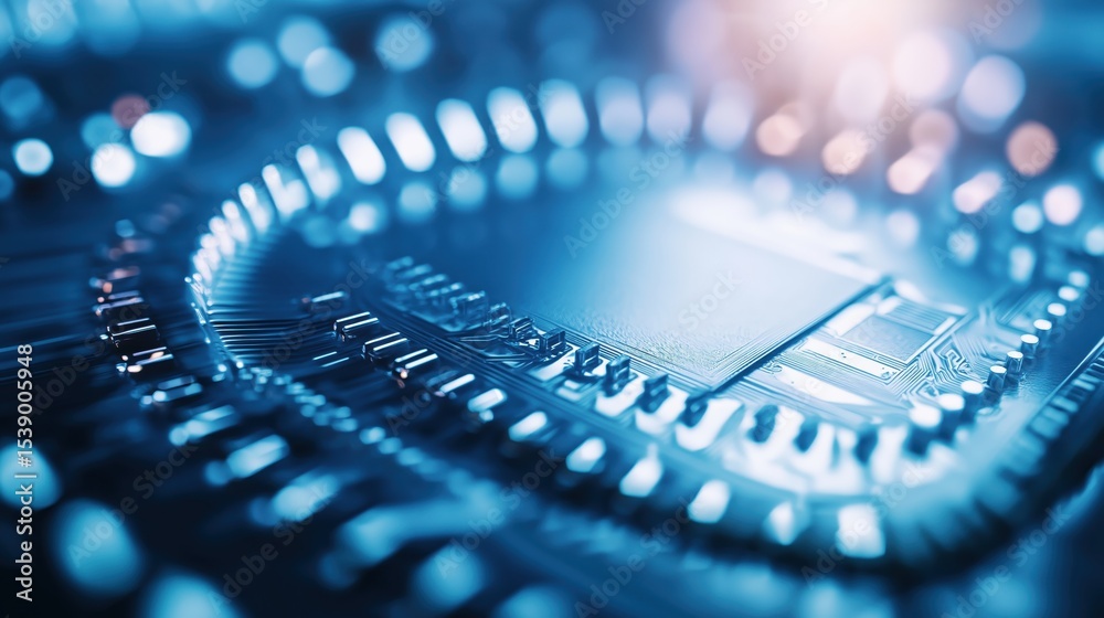 Poster close-up of electronic microchip on a luminous circuit board with detailed connections