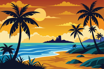 Fototapeta premium Sunset Paradise Tropical Beach Scene with Silhouetted Palm Trees and Ocean View