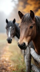 Majestic horses standing near a rustic wooden fence on a foggy autumn morning