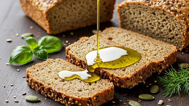 Slices of multigrain bread with olive oil drizzle and fresh herbs garnish in progression