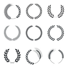 Set of Nine Different Laurel Wreaths and Wheat Ears Vector Illustration Isolated on White Background Victory Award Achievement and Celebration