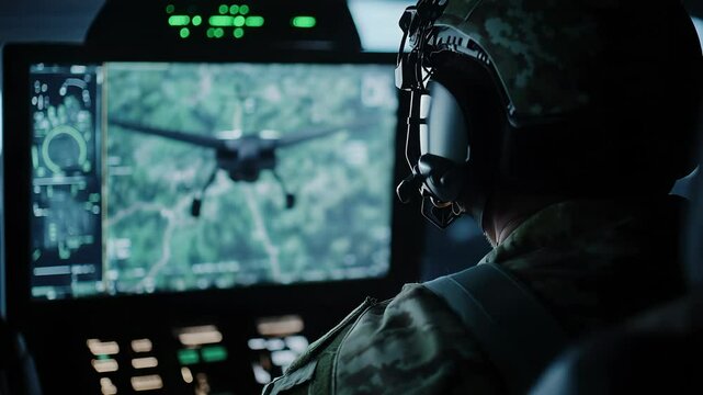 Military operator monitors drone activity on high-resolution display in tactical command center