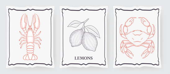 Vector vintage summer vacation placards, posters, or cards featuring doodle-style illustrations of a lobster, a crab, and lemons, all framed with grunge-style borders. Hand-drawn ink-engraved style.
