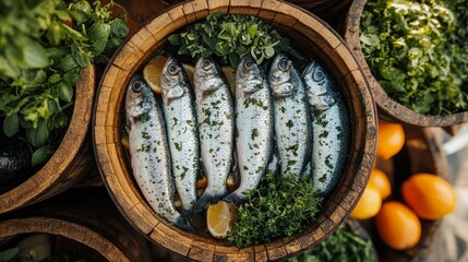 Fototapeta premium Fresh fish, herbs, and citrus create a vibrant, flavorful market scene