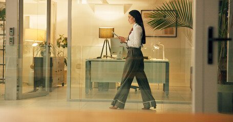 Business, profile and woman with tablet, night and internet with connection, copywriting and app....