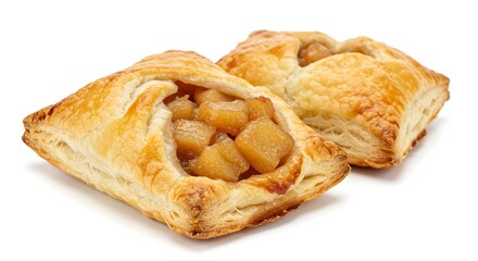 Homemade puff pastry pies filled with caramelized apples . isolated on white background.