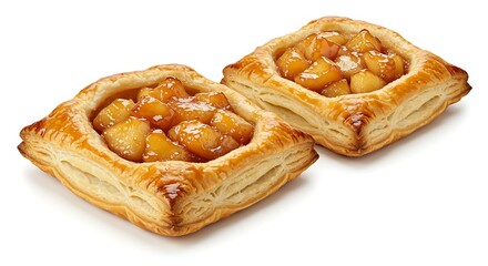Homemade puff pastry pies filled with caramelized apples . isolated on white background.