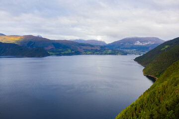 Naklejka premium Autumn landscape in Bergen to Alesund road, south Norway. Europe